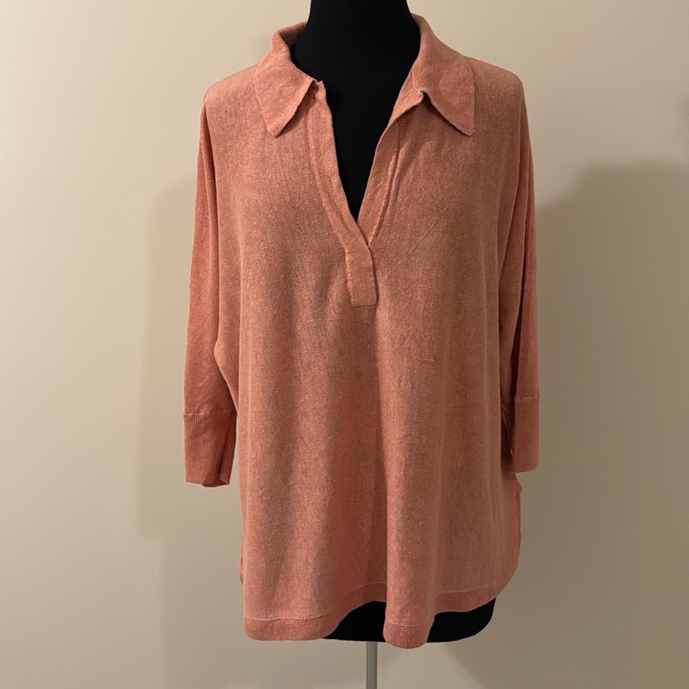 Garnet Hill Arden Oversized Linen Polo Sweater in Peach EUC Size L